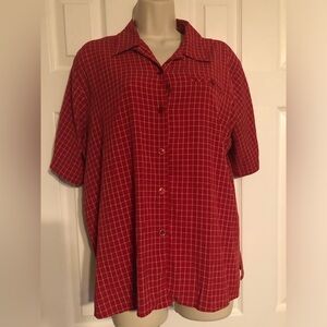 Womens Red White Shirt Short Sleeve Button Up Checkered Top Front Pocket Loose M